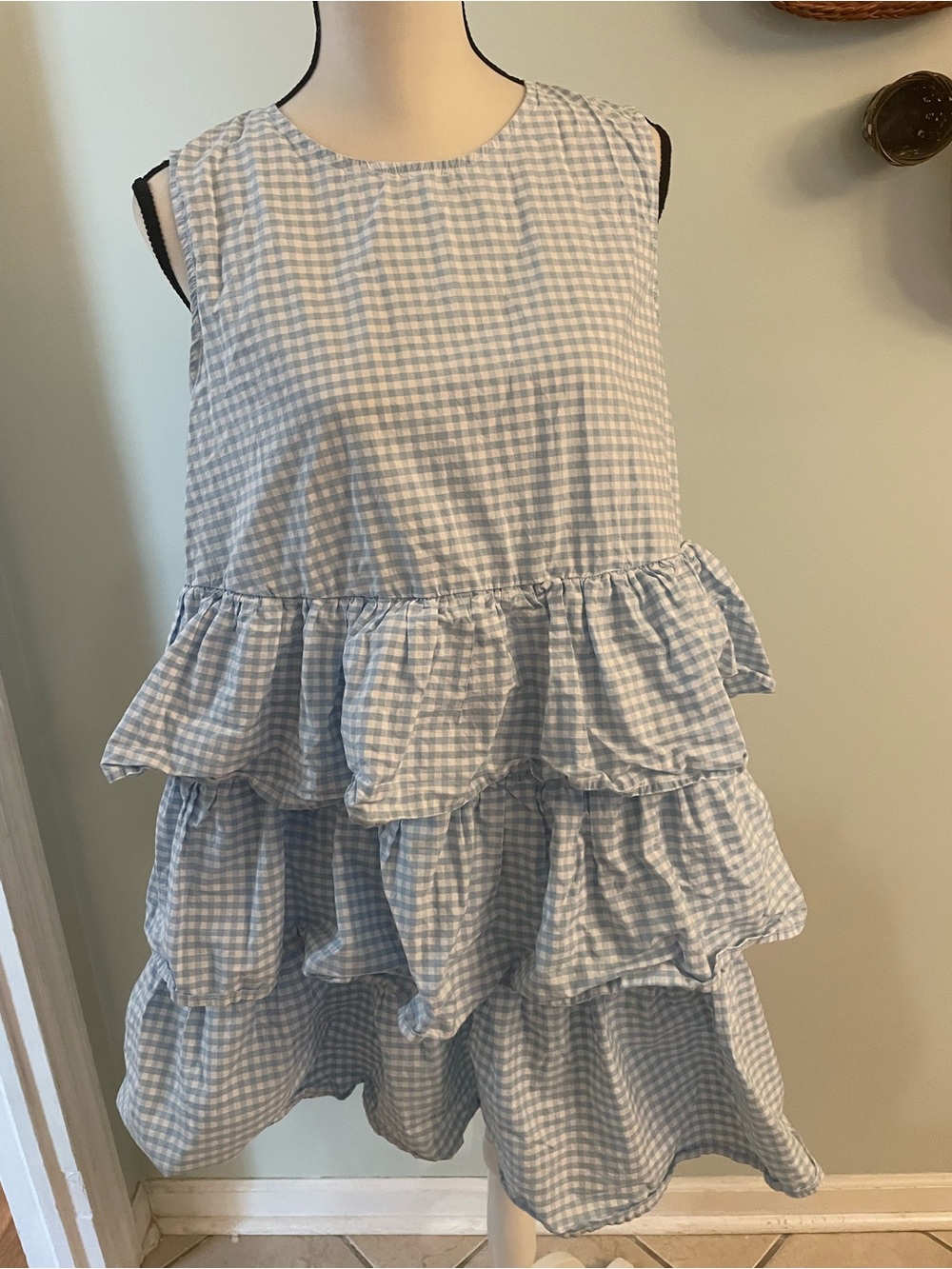 Who What Wear Light Blue Gingham Tiered Ruffle Dress